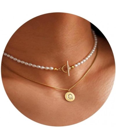 Gold Layered Pearl Initial Necklace for Women - Dainty Gold Initial Choker Chain Necklaces for Women Trendy, Gold Jewelry for...