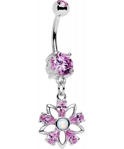 Stainless Steel Pink Accent Synthetic Opal Snowflower Dangle Belly Ring $9.68 Body Jewelry