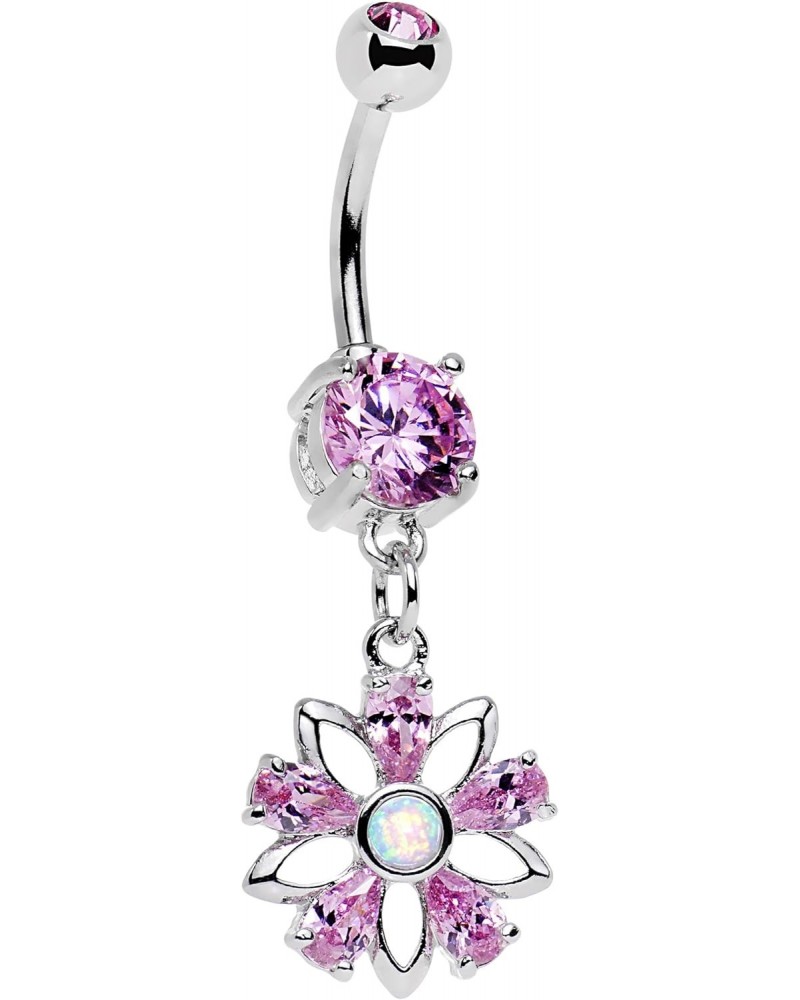 Stainless Steel Pink Accent Synthetic Opal Snowflower Dangle Belly Ring $9.68 Body Jewelry