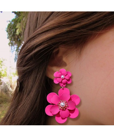 Flower Dangle Earrings, Matte Boho Painted Dual Flower Floral Petal Tiered Drop for Women Metal Poppy Statement Stud Earring ...