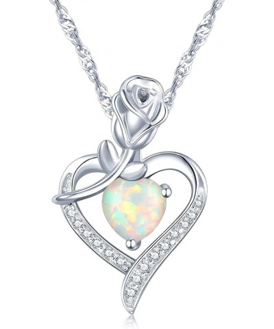 Heart Opal Pendant Necklace for Women Silver Plated Rose Flower Necklaces with Birthstone Zirconia Mothers Day Anniversary Bi...