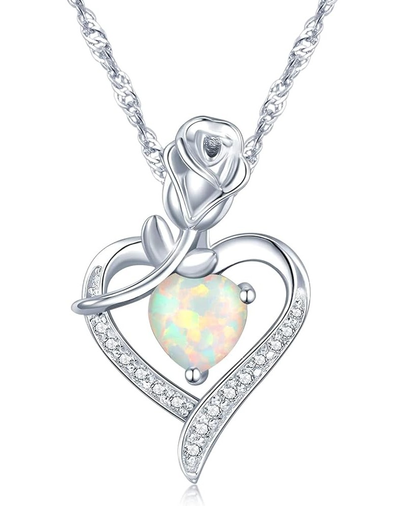 Heart Opal Pendant Necklace for Women Silver Plated Rose Flower Necklaces with Birthstone Zirconia Mothers Day Anniversary Bi...