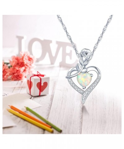 Heart Opal Pendant Necklace for Women Silver Plated Rose Flower Necklaces with Birthstone Zirconia Mothers Day Anniversary Bi...