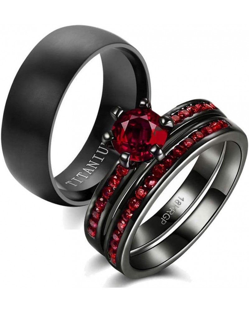 Two Rings His Hers Wedding Ring Sets Couples Matching Rings Women's 2pc Black Gold Filled Red CZ Wedding Engagement Ring Brid...