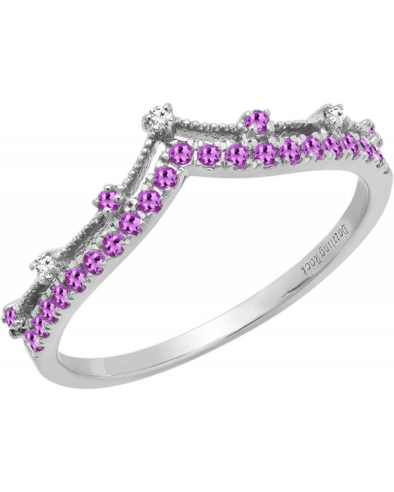 Round Gemstone & White Diamond Chevron Wedding Band for Her, Avaialble in 10K/14K/18K Gold Amethyst In 10K White Gold $96.46 ...