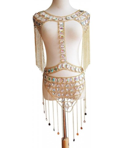 Sexy Body Chain Jewelry Layered Tassel Strap Acrylic Bra Midriff Chain Set Beach Glow Halloween Party Jewelry Set silvery-299...