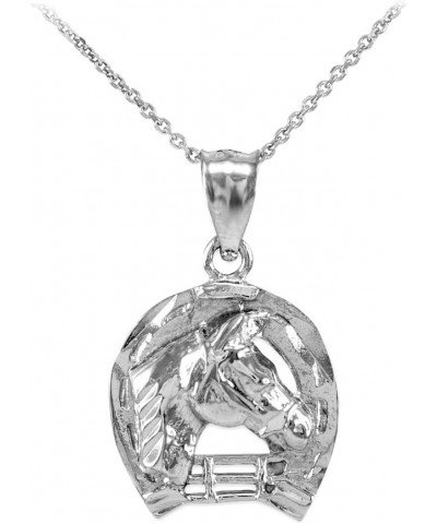 .925 Sterling Silver Good Luck Horseshoe Charm Horse Head Pendant Necklace with Rolo Chain and Pendant only Pendant + 16" Cha...