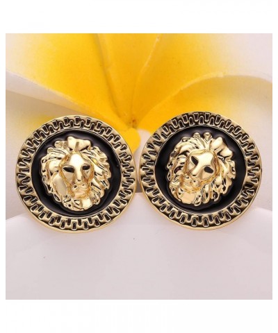 Lion Round Disc Large Big Stud Earrings for Women Men Girls Punk Personalized Sterling Silver Plated 14k Gold Animal Button C...