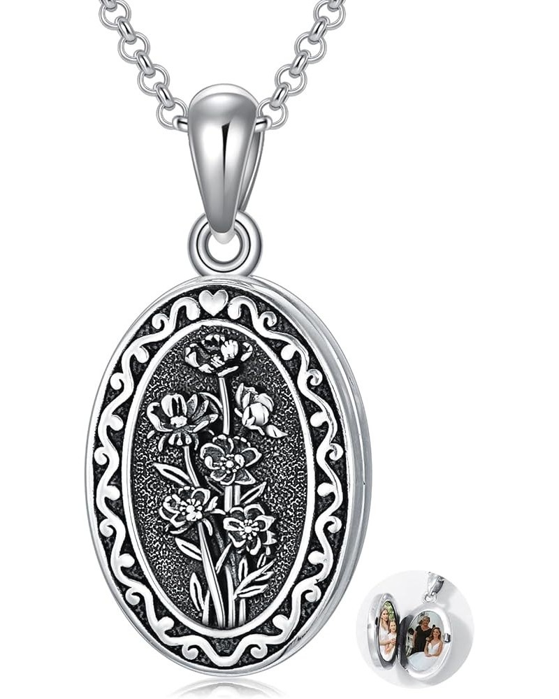 Birth Flower Photo Locket Necklace 925 Sterling Silver 12 Month Locket Necklace with Picture Birth Flower Photo Jewelry Gifts...