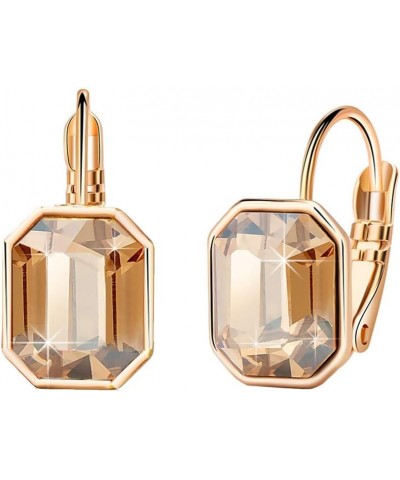 Austrian Crystal Octagon Leverback Drop Earrings for Women 14K Rose Gold Plated Hypoallergenic Jewelry Light Topaz $10.32 Ear...