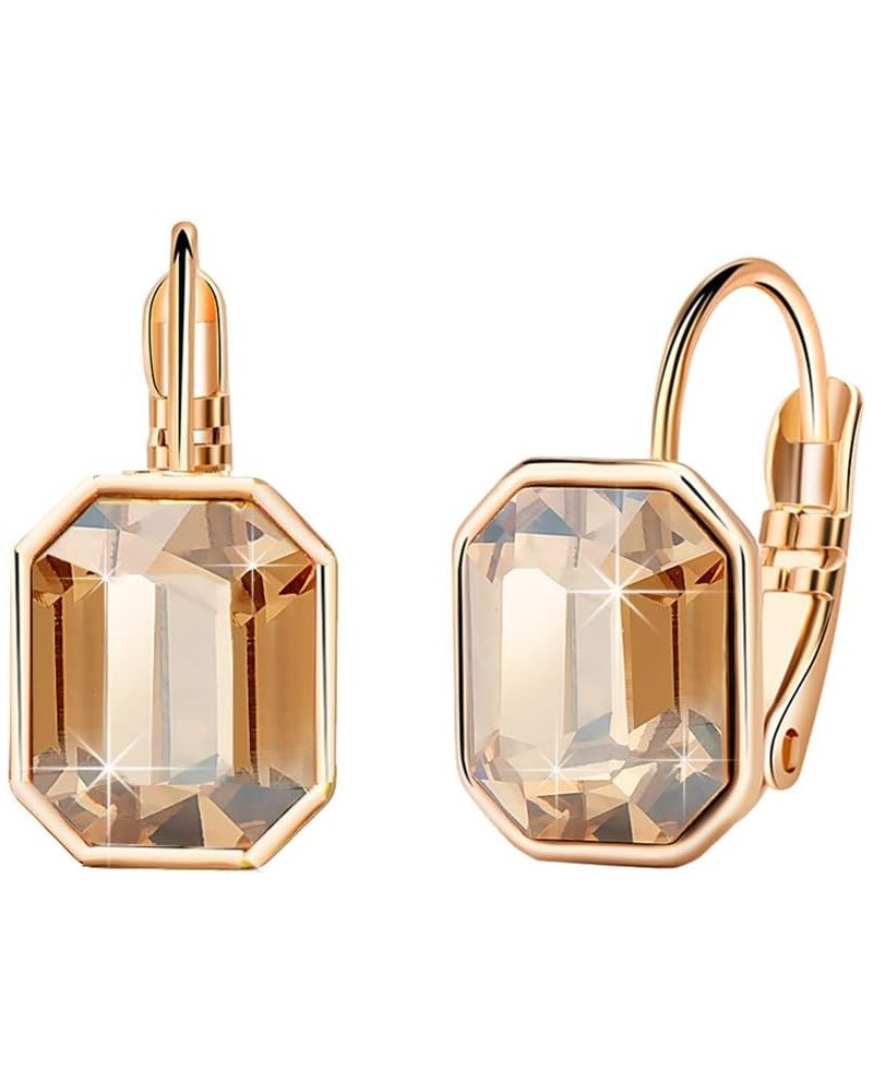 Austrian Crystal Octagon Leverback Drop Earrings for Women 14K Rose Gold Plated Hypoallergenic Jewelry Light Topaz $10.32 Ear...