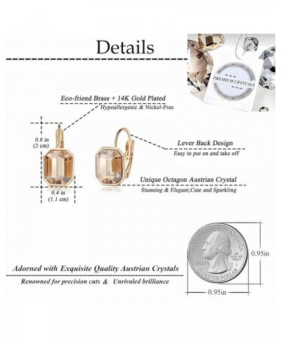 Austrian Crystal Octagon Leverback Drop Earrings for Women 14K Rose Gold Plated Hypoallergenic Jewelry Light Topaz $10.32 Ear...