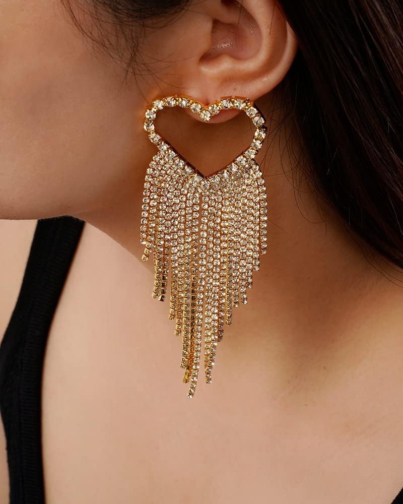 Boho Heart Rhinestone Chandelier Earrings Gold Tassel Love Dangle Drop Earrings Crystal Jewelry for Women and Girls Bridal Pa...