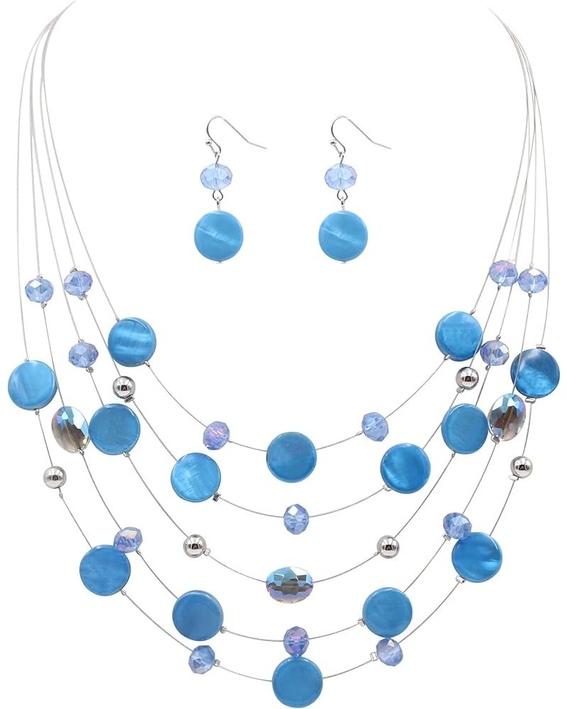 Multi Layered Shell Illusion Necklace Earring Set Colorful Chunky Beads Necklace for Women Gifts Light Blue $10.19 Jewelry Sets