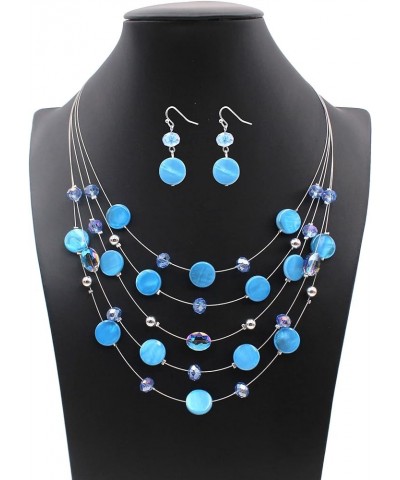 Multi Layered Shell Illusion Necklace Earring Set Colorful Chunky Beads Necklace for Women Gifts Light Blue $10.19 Jewelry Sets