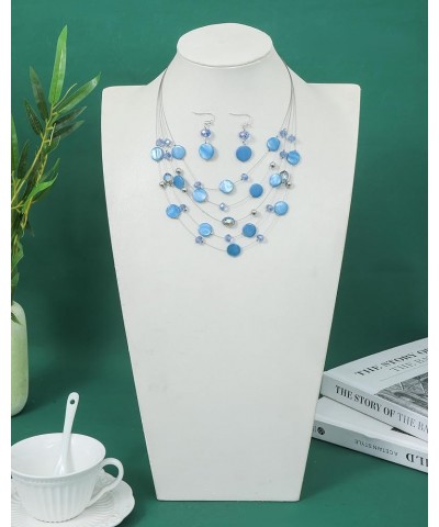 Multi Layered Shell Illusion Necklace Earring Set Colorful Chunky Beads Necklace for Women Gifts Light Blue $10.19 Jewelry Sets