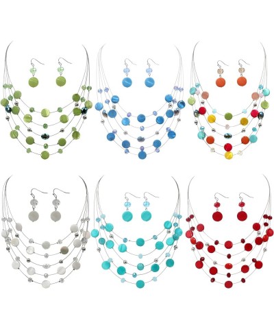 Multi Layered Shell Illusion Necklace Earring Set Colorful Chunky Beads Necklace for Women Gifts Light Blue $10.19 Jewelry Sets