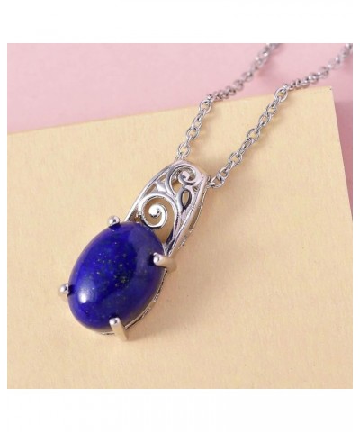 SHOP LC Stainless Steel 925 Sterling Silver Platinum Lapis Lazuli and White Topaz Pendant Necklace Delicate Jewelry Size 20" ...