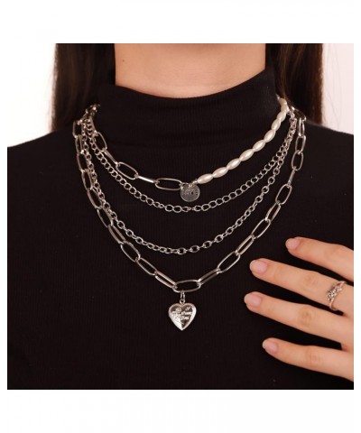 Multilayered Punk Cuban Link Chain Choker Necklace for Women Silver $8.69 Necklaces