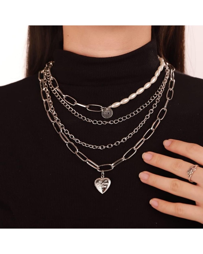 Multilayered Punk Cuban Link Chain Choker Necklace for Women Silver $8.69 Necklaces