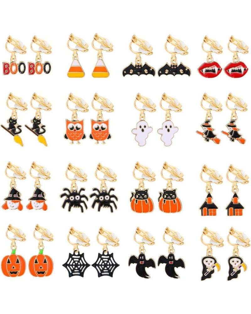 16 Pairs Clip on Halloween Earrings for Women Teen Girls Halloween Clip on Dangle Earrings Set Spooky Ghost Pumpkin Spider Ba...