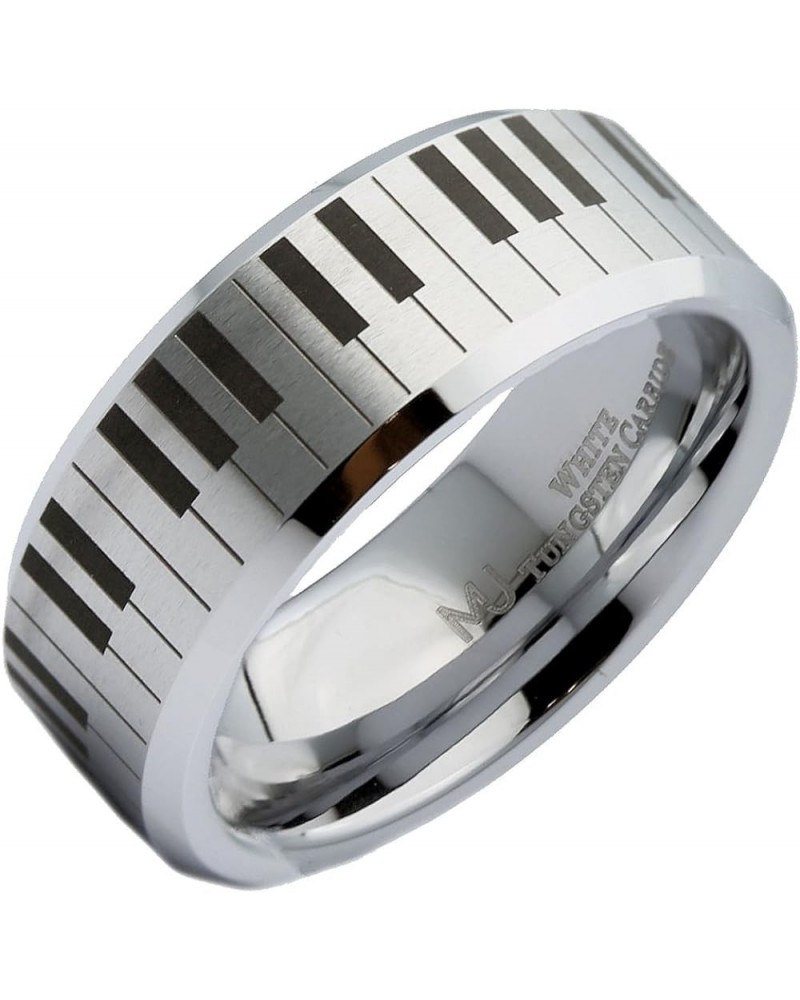 MJ Metals Jewelry White Custom Engraved Tungsten Carbide Piano Keyboard Design 6mm or 8mm Brushed with Polished Beveled Edges...