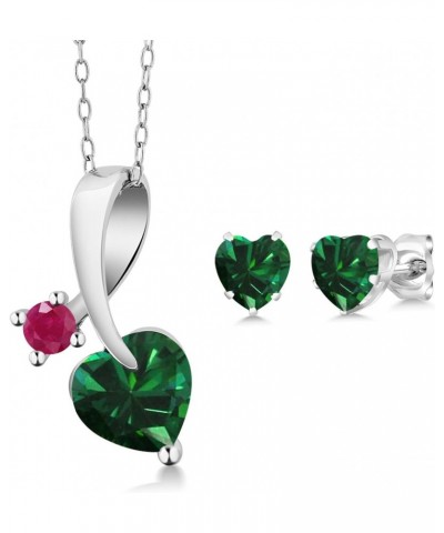 925 Silver Green Nano Emerald and Red Ruby Heart Shape Pendant and Earrings Jewelry Set For Women (1.84 Cttw, Gemstone May Bi...