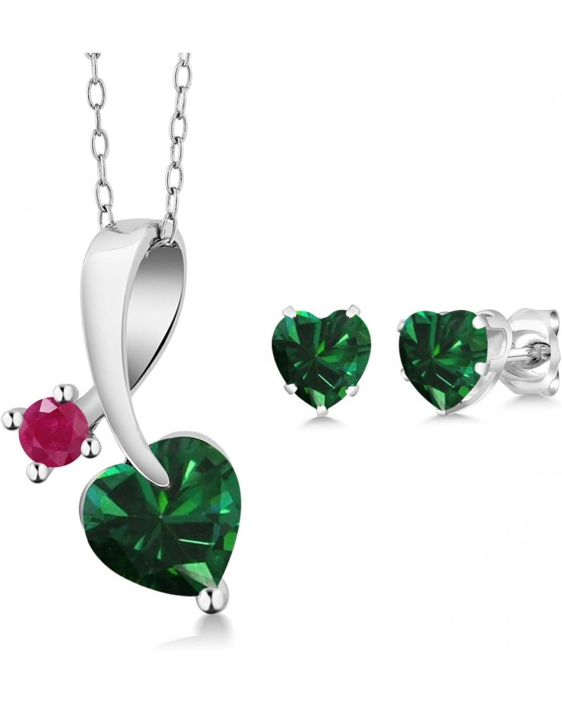 925 Silver Green Nano Emerald and Red Ruby Heart Shape Pendant and Earrings Jewelry Set For Women (1.84 Cttw, Gemstone May Bi...