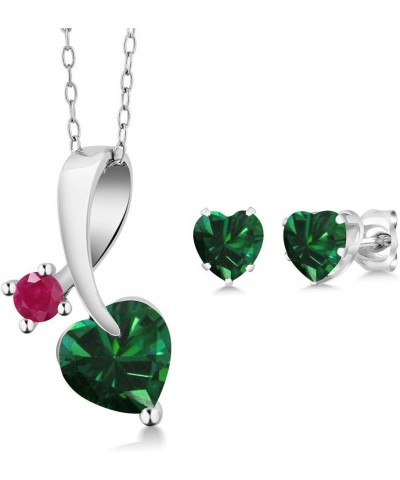 925 Silver Green Nano Emerald and Red Ruby Heart Shape Pendant and Earrings Jewelry Set For Women (1.84 Cttw, Gemstone May Bi...