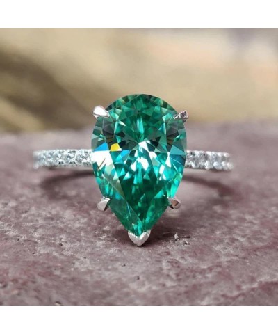 Platinum Plated Classic Pear-Cut Simulated Emerald Cubic Zirconia CZ Halo Wedding Ring,Teardrop Bridal Jewelry Gift Fashion G...