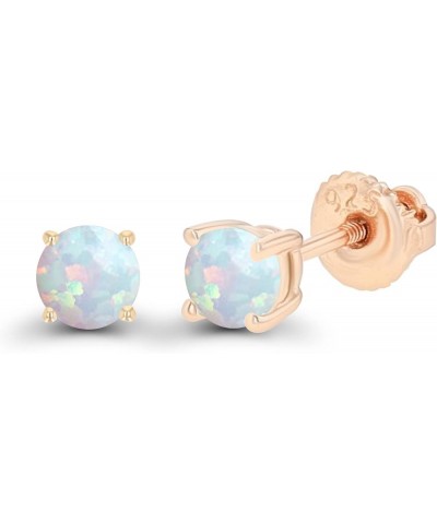 14K Gold Plated 925 Sterling Silver Hypoallergenic 4mm Round Genuine Birthstone Solitaire Screwback Stud Earrings Opal Create...