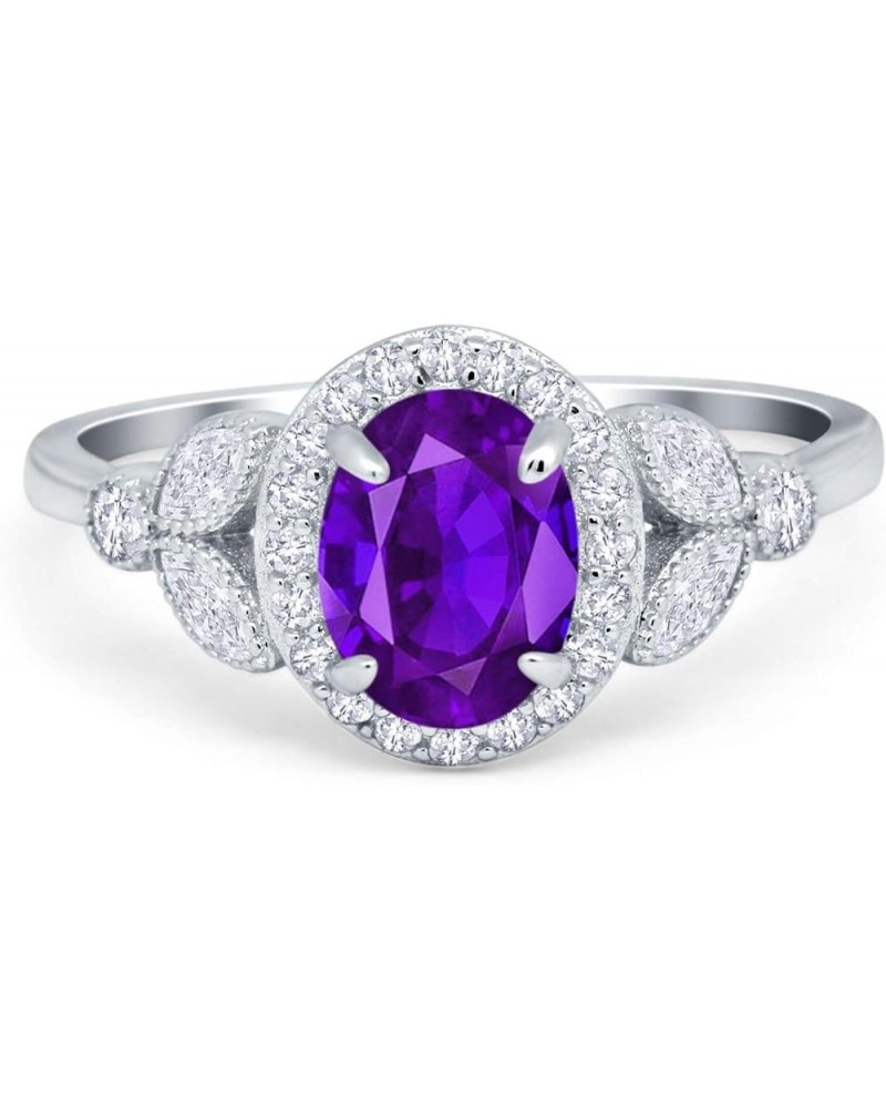 Oval Art Deco Wedding Engagement Ring Halo Round Simulated Cubic Zirconia 925 Sterling Silver Simulated Amethyst CZ $17.69 Rings