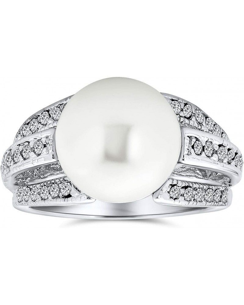 Bridal Pave CZ Solitaire White Simulated Pearl Fashion Statement Ring For Women For Prom Silver Plated Brass $14.55 Rings