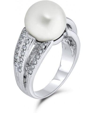 Bridal Pave CZ Solitaire White Simulated Pearl Fashion Statement Ring For Women For Prom Silver Plated Brass $14.55 Rings