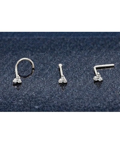 3-Stone 0.015ctw Moissanite Nose Stud - 22G Solid 14Kt Gold Nose Screw/L-Shape/Nose Bone Stud Nose Ring - April Birthstone No...