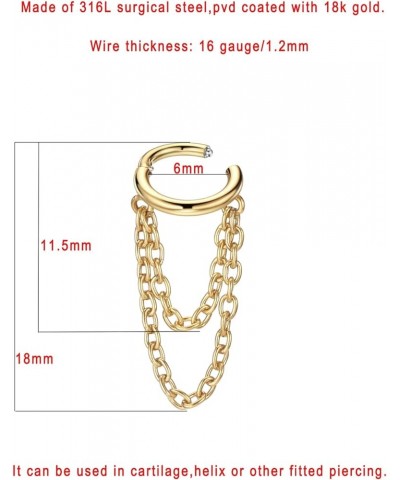 16g Surgical Steel Cartilage Hoops with Chains Designs Collection 2 Chains, Gold, 6mm $9.35 Body Jewelry