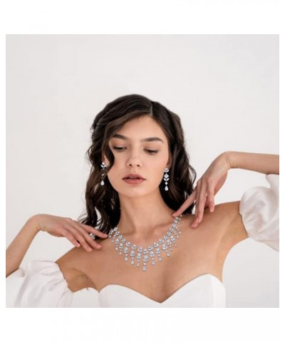 Bride Zircon Tassel Necklace Earrings Bridal Wedding Jewelry Set Cubic Zirconia Prom Costume Jewelry Sets for Women Silver $2...