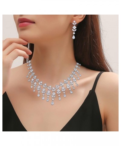 Bride Zircon Tassel Necklace Earrings Bridal Wedding Jewelry Set Cubic Zirconia Prom Costume Jewelry Sets for Women Silver $2...