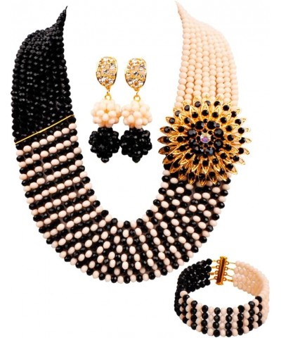 8 Rows African Bead Necklace Jewelry Set for Women Nigerian Wedding Bridal Jewelry Sets Ivory Beige Black $25.38 Jewelry Sets