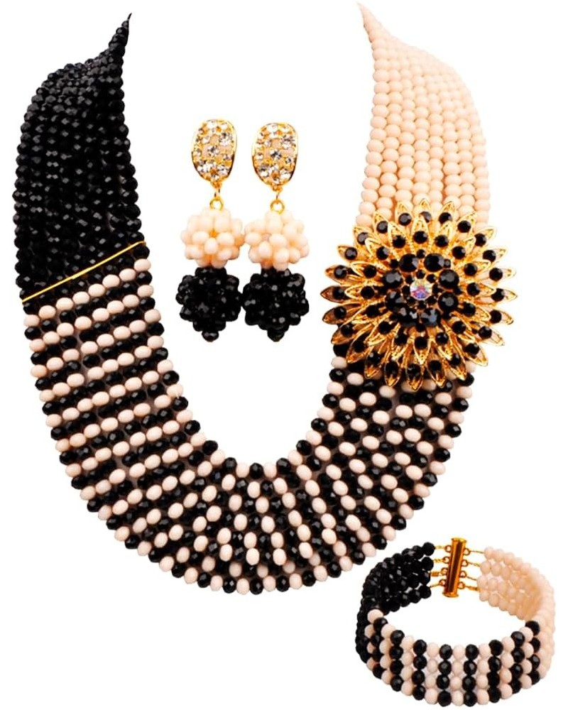 8 Rows African Bead Necklace Jewelry Set for Women Nigerian Wedding Bridal Jewelry Sets Ivory Beige Black $25.38 Jewelry Sets