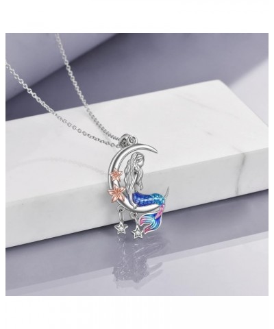 Mermaid Necklace Sterling Silver Sea Mermaid Crescent Moon and Star Necklace with Flower Pendant Birthday Gifts Jewelry for G...