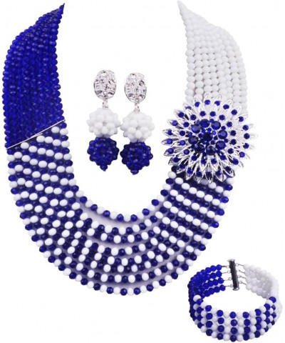 8 Rows African Bead Necklace Jewelry Set for Women Nigerian Wedding Bridal Jewelry Sets Royal Blue White $25.38 Jewelry Sets