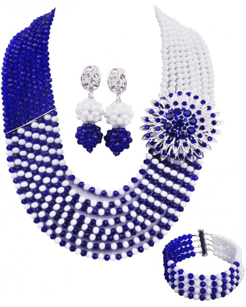 8 Rows African Bead Necklace Jewelry Set for Women Nigerian Wedding Bridal Jewelry Sets Royal Blue White $25.38 Jewelry Sets