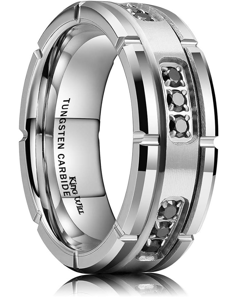 GEM Mens 8mm Black Polished Finish Tungsten Carbide Ring Cubic Zircon Stones Flat Style Silver $23.84 Rings