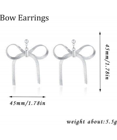 Silver Gold Bow Earrings for Women Girls Ribbon Bow Earring Stainless Steel Dangle Tassel Earrings Jewelry Gifts Silver-Short...