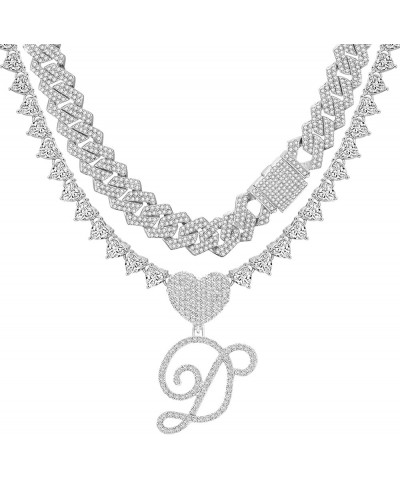 Silver Cuban Link Chain for Women Cursive Initial Layered Necklaces Heart Shape Bling Diamond Iced Out Pendant Necklace for W...