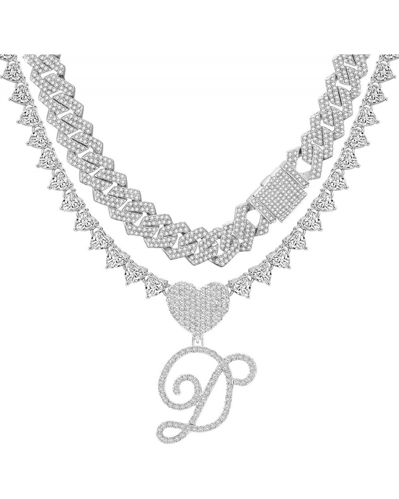 Silver Cuban Link Chain for Women Cursive Initial Layered Necklaces Heart Shape Bling Diamond Iced Out Pendant Necklace for W...