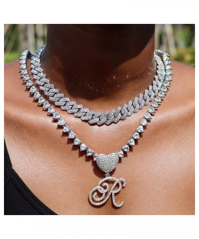 Silver Cuban Link Chain for Women Cursive Initial Layered Necklaces Heart Shape Bling Diamond Iced Out Pendant Necklace for W...