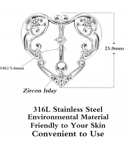 14G Heart Belly Button Ring 316L Inlaid CZ Crystal Heart Reverse Hinge Top Belly Ring Top Down Belly Button Ring Medical Stee...