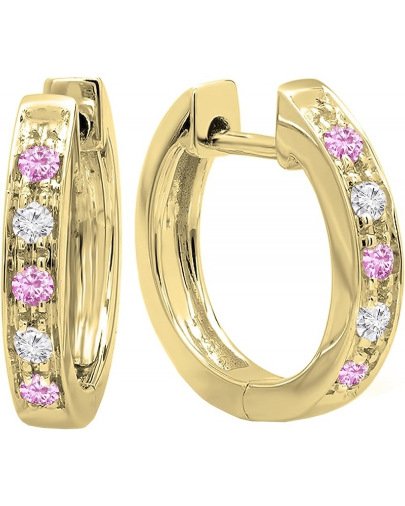 Round Gemstone & White Diamond Single Row Hinged Post Hoop Earrings for Women in Gold 18K - Metal Stamp Yellow Gold Pink Sapp...